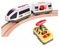 Электропоезд для деревянной железной дороги с пультом управления, поезд на батарейках с вагонами