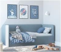 Кровать-диван односпальная детская Leonardo 80х180 голубой с ящиком для белья + боковина большая