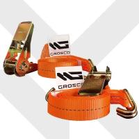 Комплект стяжных ременей с крюками (Комплект 2 шт) GROSCO 0.8т (1.6т) / 2м / 25мм для крепления груза с храповым механизмом