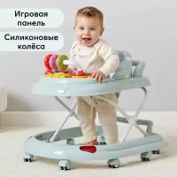 Ходунки детские Happy Baby SMILEY V2, с игровой панелью, 12 мелодий, регулировка сиденья, силиконовые колесики, голубые