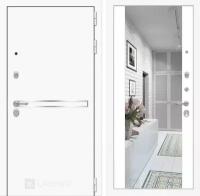 Входная белая дверь LINE_WHITE с внутренней панелью зеркало максимум, цвет белый софт, размер по коробке 880х2050, правая