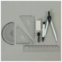 Циркуль металлический 120 мм в пластиковом пенале, с механическим карандашом, грифелями, ластиком, линейкой, 2 треугольниками и транспортиром