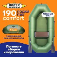 Лодка надувная для рыбалки Лодки Поволжья 190 Comfort гребная одноместная, зеленая