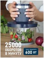 Измельчитель кухонный электрический CENTEK CT-1397 Blue,Чоппер, 600Вт, 2 скорости, стеклянная чаша 2 л, 4 лезвия, резиновое основание