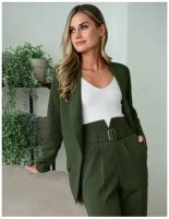 Женский классический костюм двойка, деловой, брюки с завышенной талией, прямой пиджак оверсайз, офисный, летний, весенний, оливковый, размер 48
