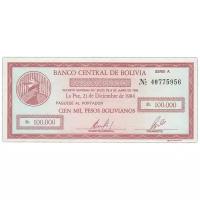 Банкнота Банк Боливии 100000 песо боливиано 1984 года (надпечатка 10 сентаво 1987)