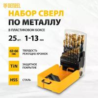 Набор сверл по металлу Denzel 1-13 мм, HSS-Tin, Golden Tip, 25 шт 72323