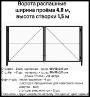 Ворота 4.0х1.5 м распашные садовые (каркас) со столбами, открывание внутрь