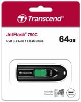 Накопитель USB 3.2 64GB Transcend JF790C Pen Drive, Type-C, Capless, black