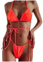 BUN Купальник женский раздельный пляжный костюм лиф треугольный на завязках трусы бикини стринги оранжевый