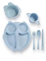 Детская посуда Набор Совёнок детская тарелка, ложка, вилка, кружка, голубой
