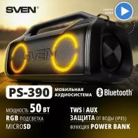 Колонка портативная / Беспроводная колонка SVEN PS-390 черный / 50 Вт (RMS) / Waterproof (IPx5) / TWS / Bluetooth / microSD / встроенный аккумулятор