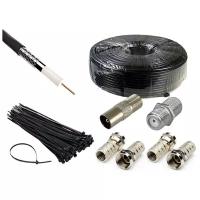 Коаксиальный уличный телевизионный кабель RG-6U черный (75 Ом) для передачи телевизионного и видео-сигнала. Комплект:F коннектор - 4 шт, Штекер TV - 1 шт, соединитель кабеля (бочка) 1 шт, Стяжка (Хомут) черная 100х2,5 - 100 штук
