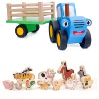 Игровой набор Синий Трактор Гоша 11 см с прицепом и набор животных (фанера) Едет трактор Bochart BT101/BT1013
