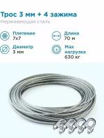 Гидротек Трос нержавеющая сталь 7x7 AISI 304, 3мм бухта 70 метров + зажим 3-4 мм 4шт