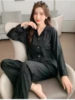 Пижама женская шелковая со штанами и рубашкой домашняя для дома и сна черный халат XL