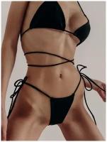 BUN Купальник женский раздельный пляжный костюм лиф треугольный на завязках трусы бикини стринги черный