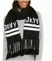 Шарф DKNY черный с белым лого и кисточками Unisex Logo Stadium Scarf With Tassel Fringe