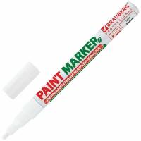 Маркер краска лаковый paint marker 2 мм строительный белый, фломастер, без запаха, алюминиевый корпус, Brauberg Proffessional, 150869
