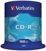 Диски CD-R VERBATIM 700 Mb 52х, комплект 100 шт, Cake Box, 43411 511899