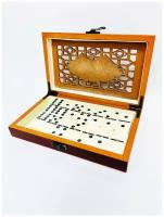 Домино классическое\подарочное в деревянной резной шкатулке 20,5х12,5х4 см 28 костей цвета Слоновая кость, настольная игра