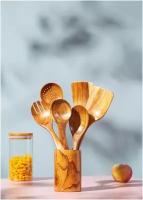 Набор кухонных принадлежностей UR HOME, 7 предметов, набор кухонный деревянные лопатки с подставкой стаканом, для готовки, кухонная утварь
