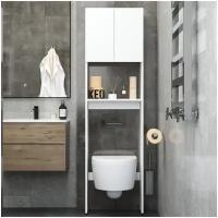 Стеллаж шкаф деревянный с полками и дверцами для ванной комнаты и туалета Кео СТМ-204 белый