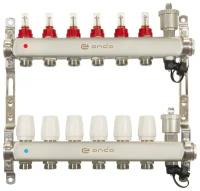 Коллекторная группа ONDO на 6 выходов с расходомерами и термостатическими клапанами в сборе с автоматическим воздухоотводчиком, нержавеющая сталь