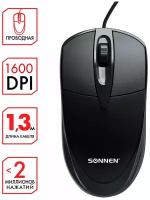 Мышь проводная Sonnen B61, Usb, 1600 dpi, 2 кнопки + колесо-кнопка, оптическая, черная, 513513