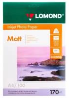 Фотобумага для струйной печати А4, 100 листов LOMOND, 170 г/м2, двусторонняя, матовая (0102006)